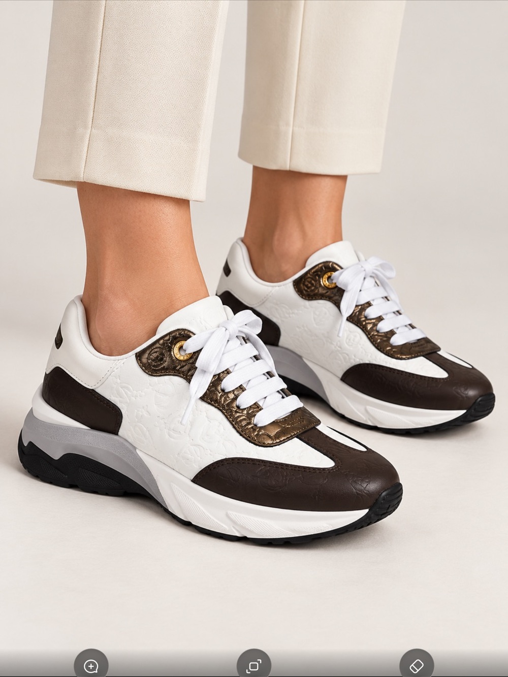 Valentino White and Dark Brown Leather-Trim Sneakers